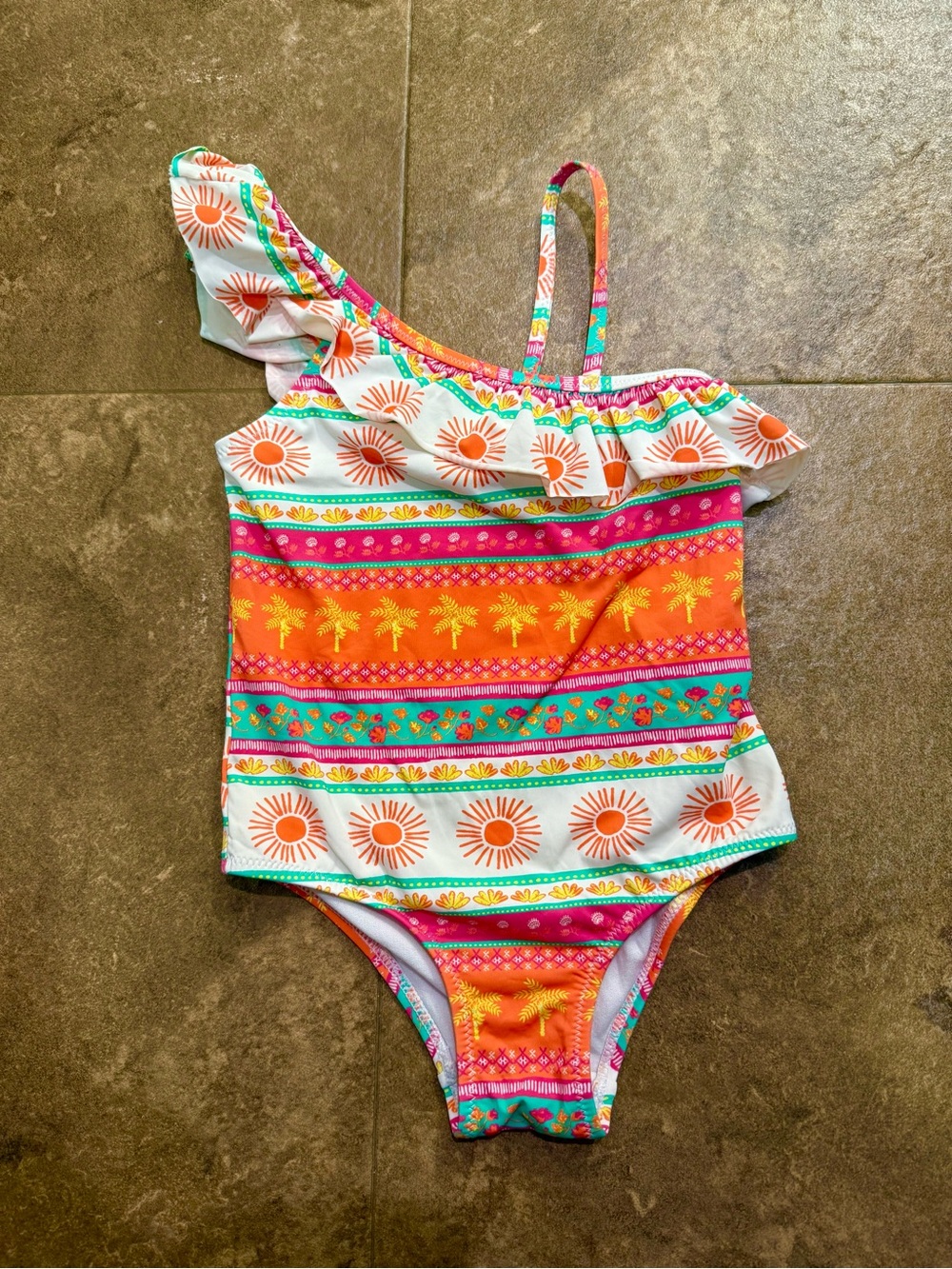 Hatley Swim Tropical One-Shoulder Ruffle Swimsuit- Bright Colorful Rainbow Sun